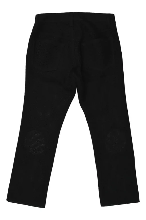 Black warp knit mesh pull-on mid-rise kick flare pants with knee patch appliqué