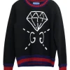Black web-trimmed cotton pullover crewneck knit featuring ghost diamond by Trouble Andrew