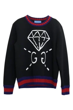 Black web-trimmed cotton pullover crewneck knit featuring ghost diamond by Trouble Andrew