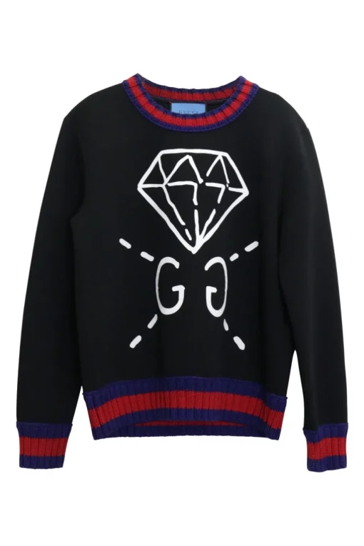 Black web-trimmed cotton pullover crewneck knit featuring ghost diamond by Trouble Andrew