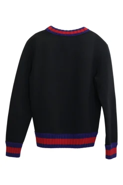 Black web-trimmed cotton pullover crewneck knit featuring ghost diamond by Trouble Andrew