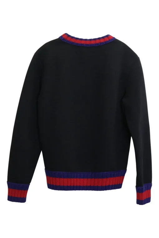 Black web-trimmed cotton pullover crewneck knit featuring ghost diamond by Trouble Andrew