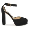 Black whip stitch suede and leather Daphne almond-toe block heel platform pumps with buckle strap fastening