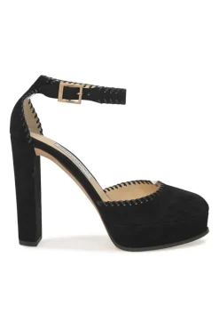 Black whip stitch suede and leather Daphne almond-toe block heel platform pumps with buckle strap fastening
