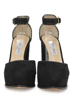 Black whip stitch suede and leather Daphne almond-toe block heel platform pumps with buckle strap fastening