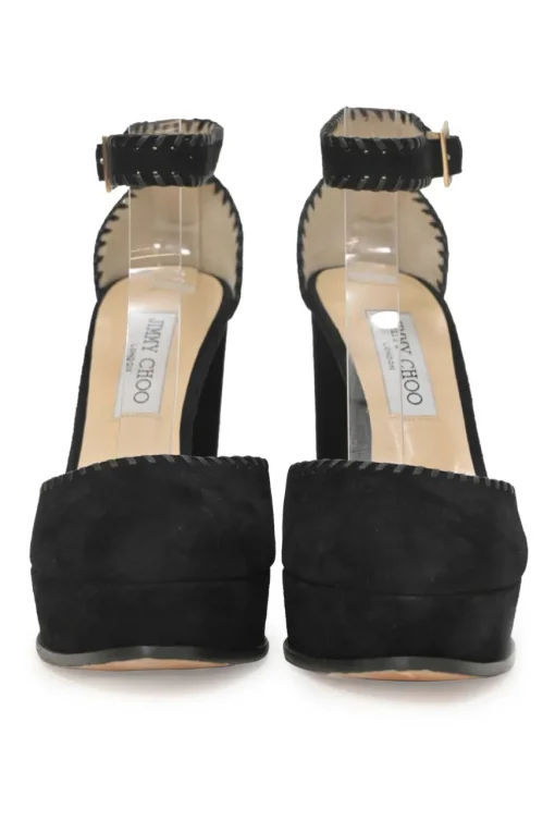 Black whip stitch suede and leather Daphne almond-toe block heel platform pumps with buckle strap fastening