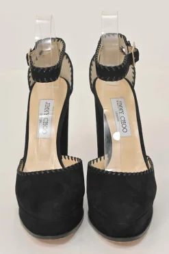 Black whip stitch suede and leather Daphne almond-toe block heel platform pumps with buckle strap fastening
