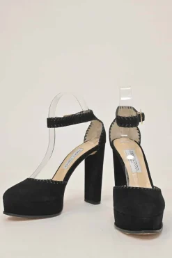 Black whip stitch suede and leather Daphne almond-toe block heel platform pumps with buckle strap fastening