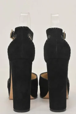 Black whip stitch suede and leather Daphne almond-toe block heel platform pumps with buckle strap fastening