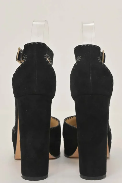 Black whip stitch suede and leather Daphne almond-toe block heel platform pumps with buckle strap fastening