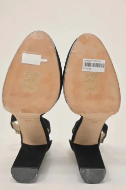 Black whip stitch suede and leather Daphne almond-toe block heel platform pumps with buckle strap fastening