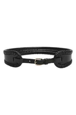 Black whip-stitched leather harness waist belt