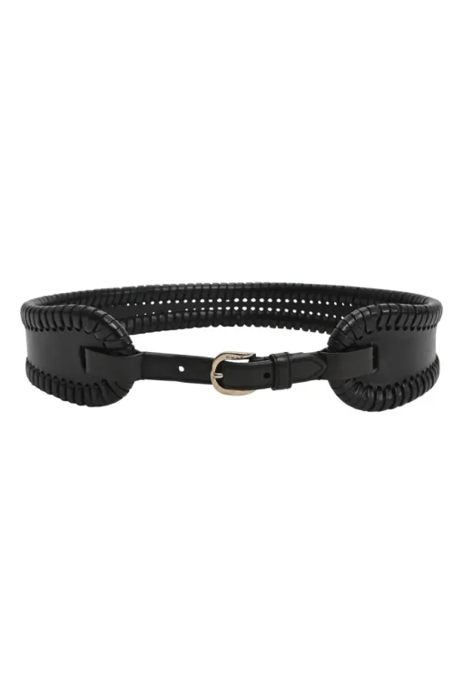 Black whip-stitched leather harness waist belt