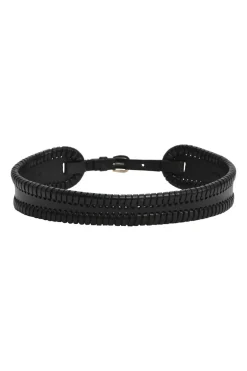 Black whip-stitched leather harness waist belt