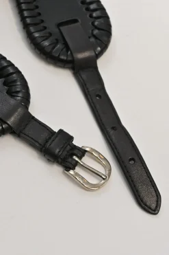 Black whip-stitched leather harness waist belt
