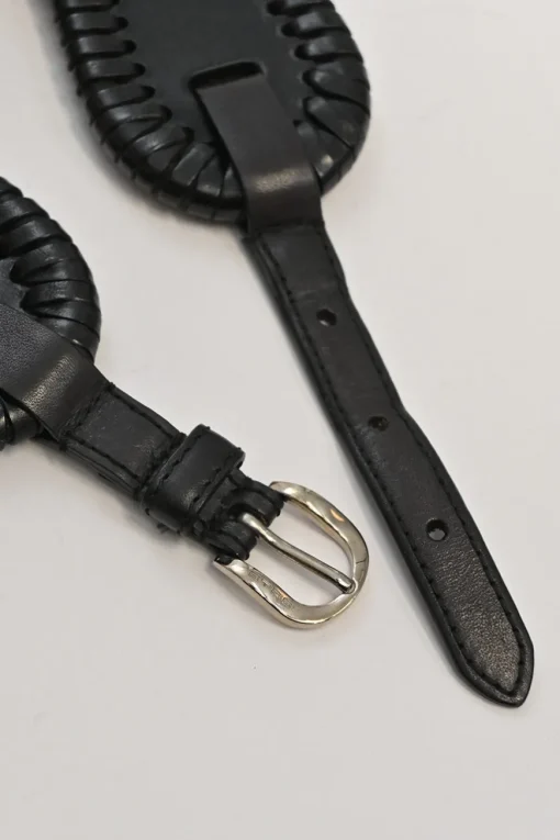 Black whip-stitched leather harness waist belt