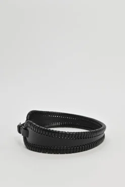 Black whip-stitched leather harness waist belt