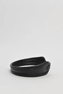 Black whip-stitched leather harness waist belt
