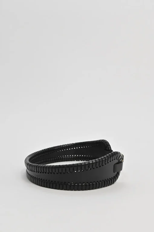 Black whip-stitched leather harness waist belt