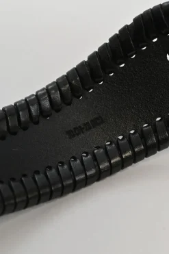 Black whip-stitched leather harness waist belt