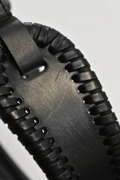 Black whip-stitched leather harness waist belt