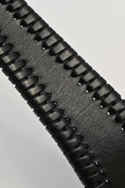 Black whip-stitched leather harness waist belt
