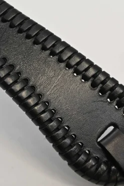 Black whip-stitched leather harness waist belt