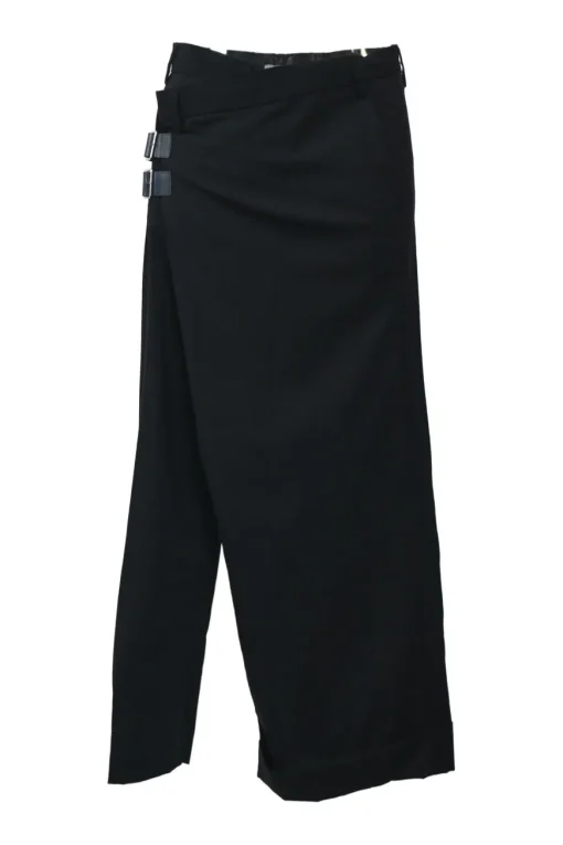 Black wool asymmetrical pants with wrap-front apron-style overlay