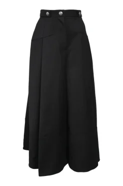 Black wool Cavalry twill high-rise pleated culottes with coat of arms shank buttons