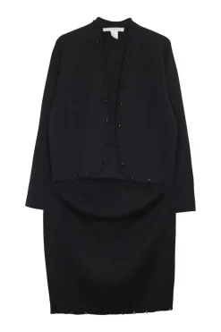 Black wool double-faced beaded interlock knit open-front cardigan and mini skirt two-piece set