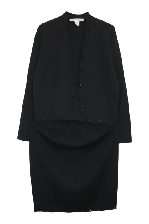 Black wool double-faced beaded interlock knit open-front cardigan and mini skirt two-piece set