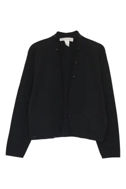 Black wool double-faced beaded interlock knit open-front cardigan and mini skirt two-piece set