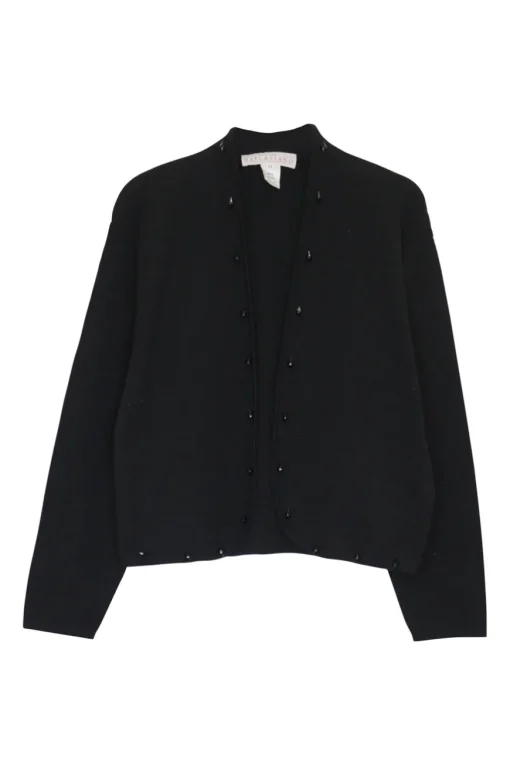 Black wool double-faced beaded interlock knit open-front cardigan and mini skirt two-piece set