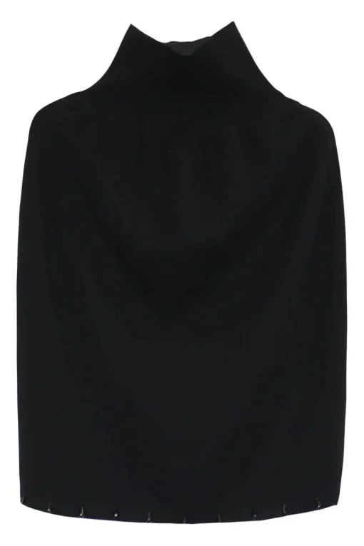 Black wool double-faced beaded interlock knit open-front cardigan and mini skirt two-piece set