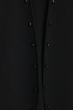 Black wool double-faced beaded interlock knit open-front cardigan and mini skirt two-piece set