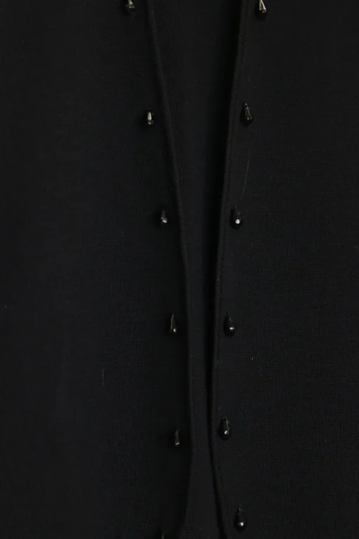 Black wool double-faced beaded interlock knit open-front cardigan and mini skirt two-piece set