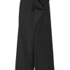 Black wool gabardine wide-leg pinch waist tailored trousers with cascade drape waistband