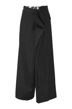 Black wool gabardine wide-leg pinch waist tailored trousers with cascade drape waistband
