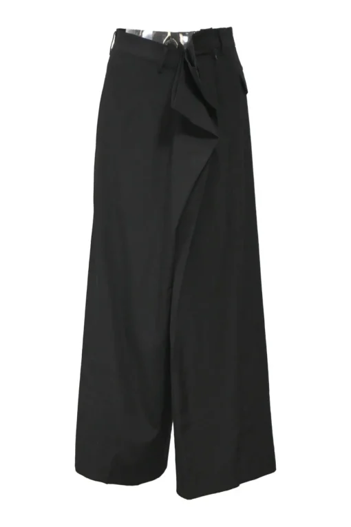 Black wool gabardine wide-leg pinch waist tailored trousers with cascade drape waistband