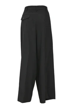 Black wool gabardine wide-leg pinch waist tailored trousers with cascade drape waistband