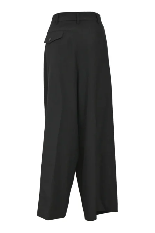 Black wool gabardine wide-leg pinch waist tailored trousers with cascade drape waistband