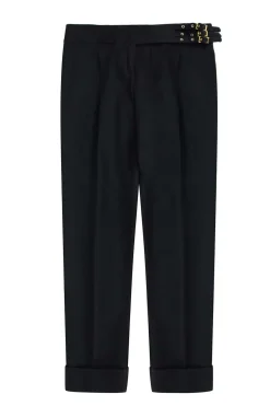 Black wool high waisted casual pants with folded hem and gold buckles.