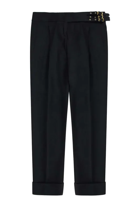 Black wool high waisted casual pants with folded hem and gold buckles.