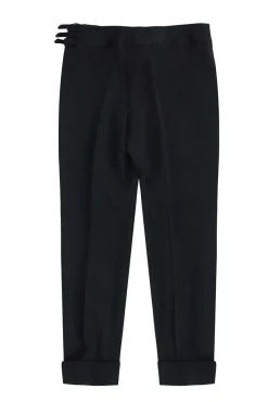 Black wool high waisted casual pants with folded hem and gold buckles.
