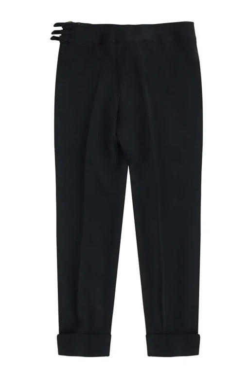 Black wool high waisted casual pants with folded hem and gold buckles.