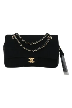 Black wool jersey mixed-media Chocolate Bar flap bag featuring calfskin leather gussets and gold-plated hardware