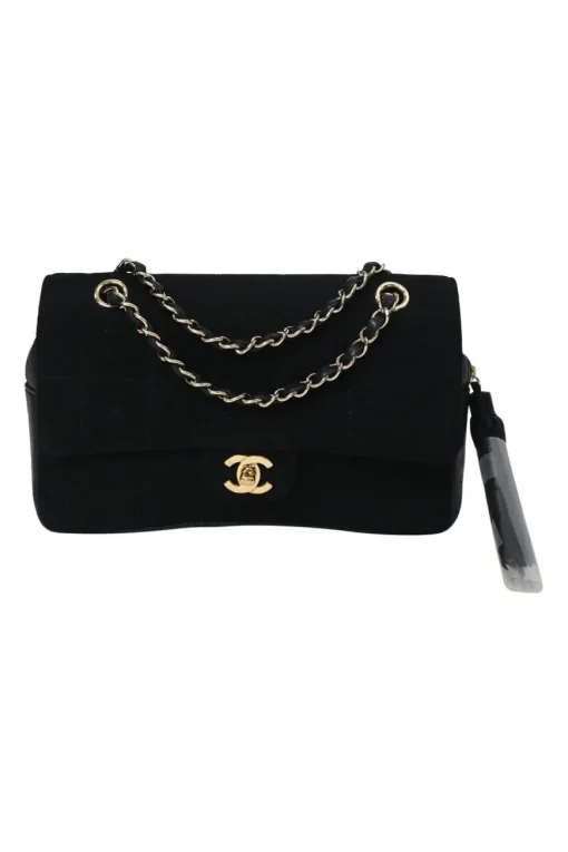 Black wool jersey mixed-media Chocolate Bar flap bag featuring calfskin leather gussets and gold-plated hardware