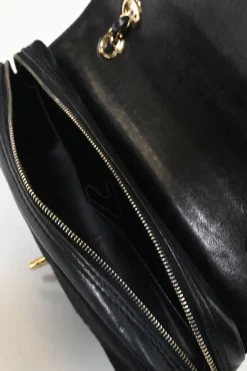 Black wool jersey mixed-media Chocolate Bar flap bag featuring calfskin leather gussets and gold-plated hardware