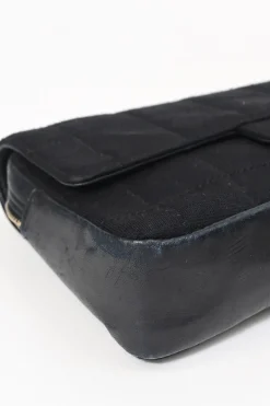 Black wool jersey mixed-media Chocolate Bar flap bag featuring calfskin leather gussets and gold-plated hardware