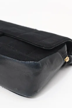 Black wool jersey mixed-media Chocolate Bar flap bag featuring calfskin leather gussets and gold-plated hardware